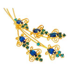 Vintage 1960s Floral Spray Brooch Blue Green Rhinestone Gold Tone - 4I